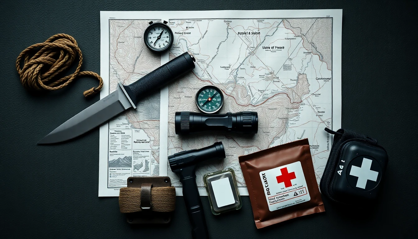 Essential Survival Gear Layout, focused on preparedness tools.