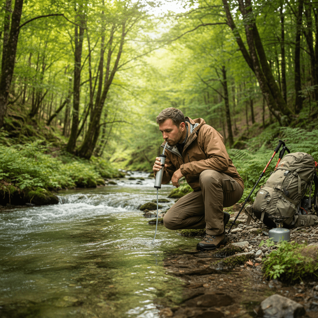 Person purifying water outdoors
